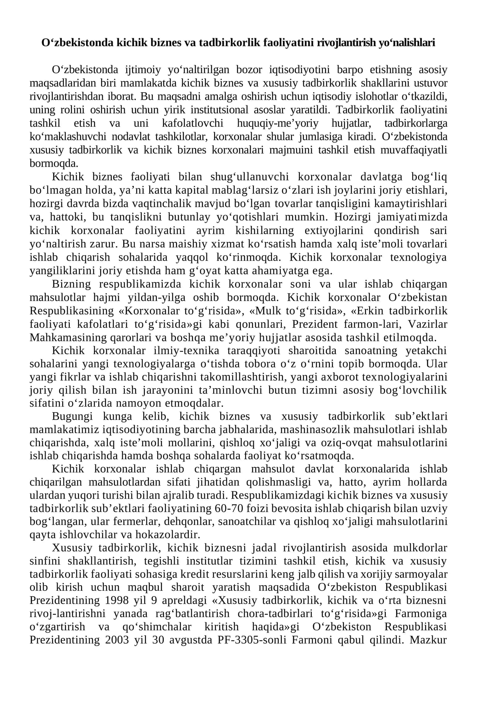 O‘zbekistonda kichik biznes va tadbirkorlik faoliyatini rivojlantirish yo‘nalishlari