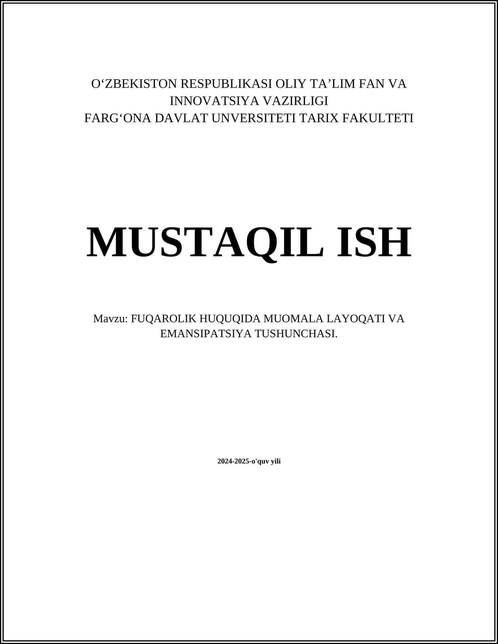 FUQAROLIK HUQUQIDA MUOMALA LAYOQATI VA EMANSIPATSIYA TUSHUNCHASI