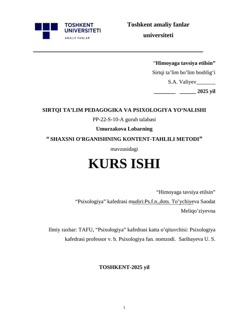 SHAXSNI O'RGANISHNING KONTENT-TAHLILI METODI.