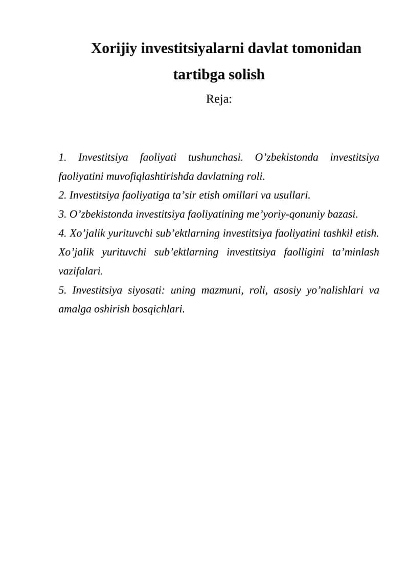 Investitsiya faoliyati tushunchasi