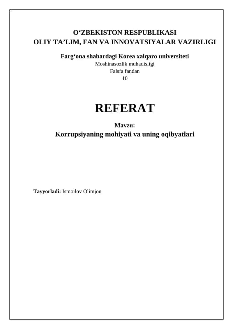 Korrupsiyaning mohiyati va uning oqibyatlari