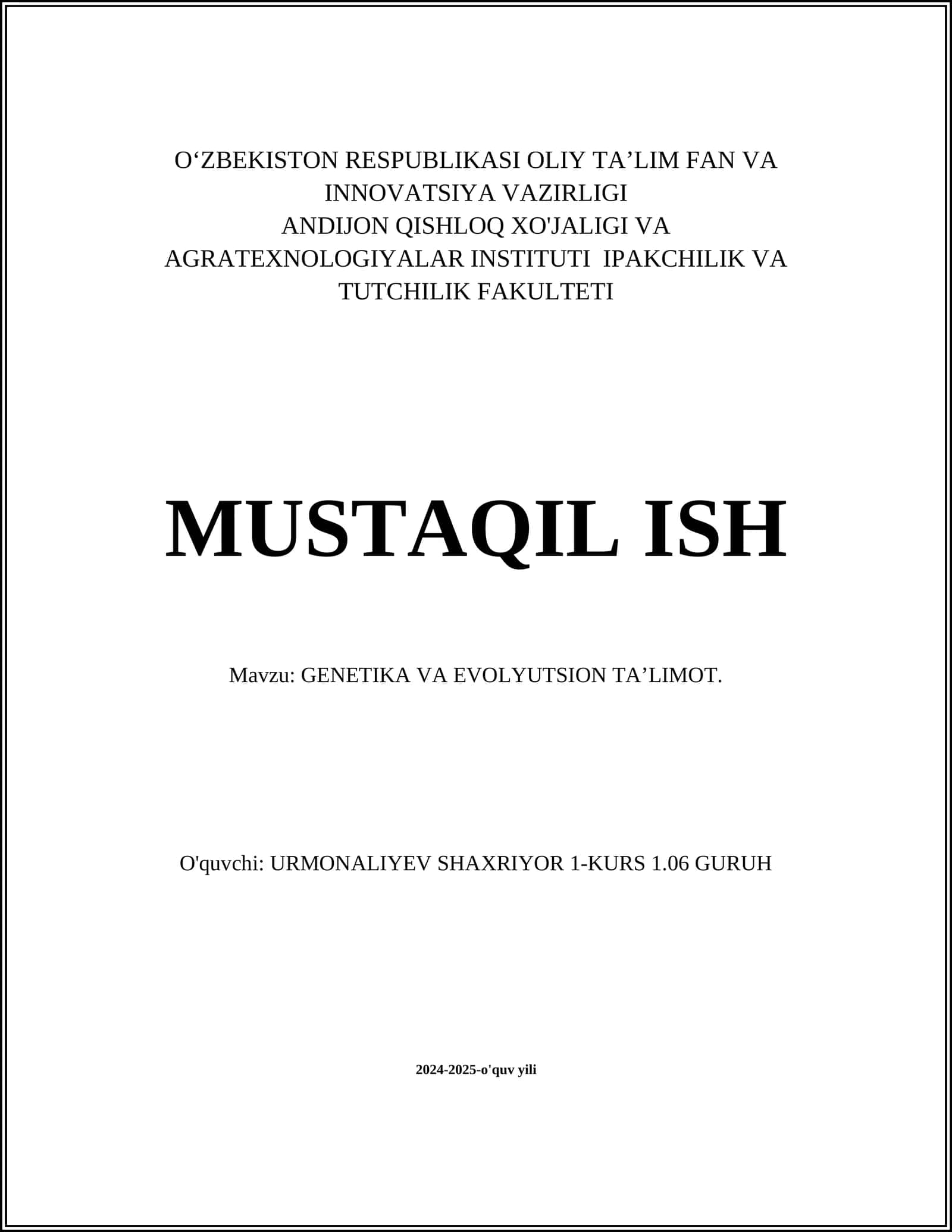 GENETIKA VA EVOLYUTSION TA’LIMOT