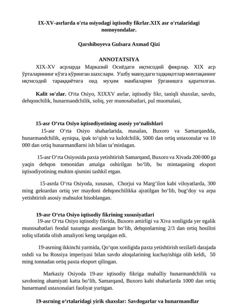 IX-XV asrlarda o'rta osiyodagi iqtisodiy fikrlar