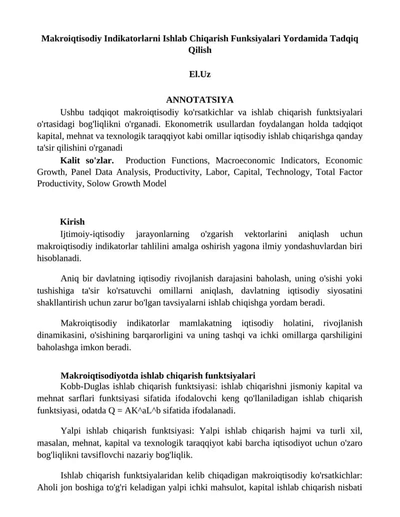 Makroiqtisodiy Indikatorlarni Ishlab Chiqarish Funksiyalari Yordamida Tadqiq Qilish