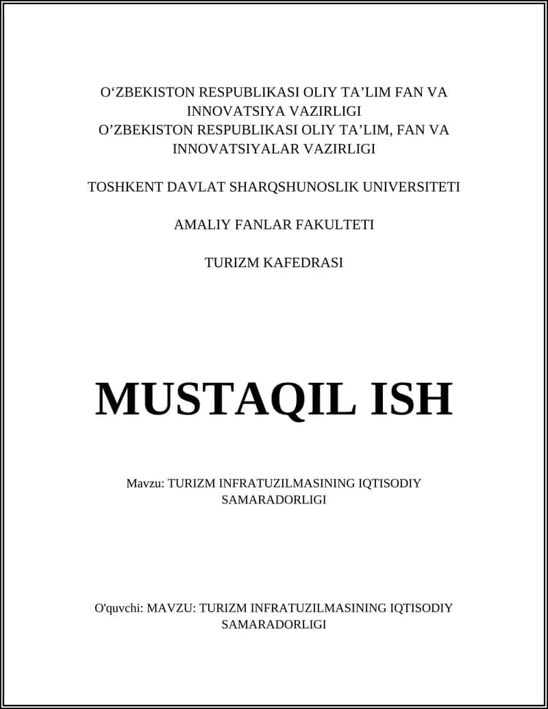 TURIZM INFRATUZILMASINING IQTISODIY SAMARADORLIGI