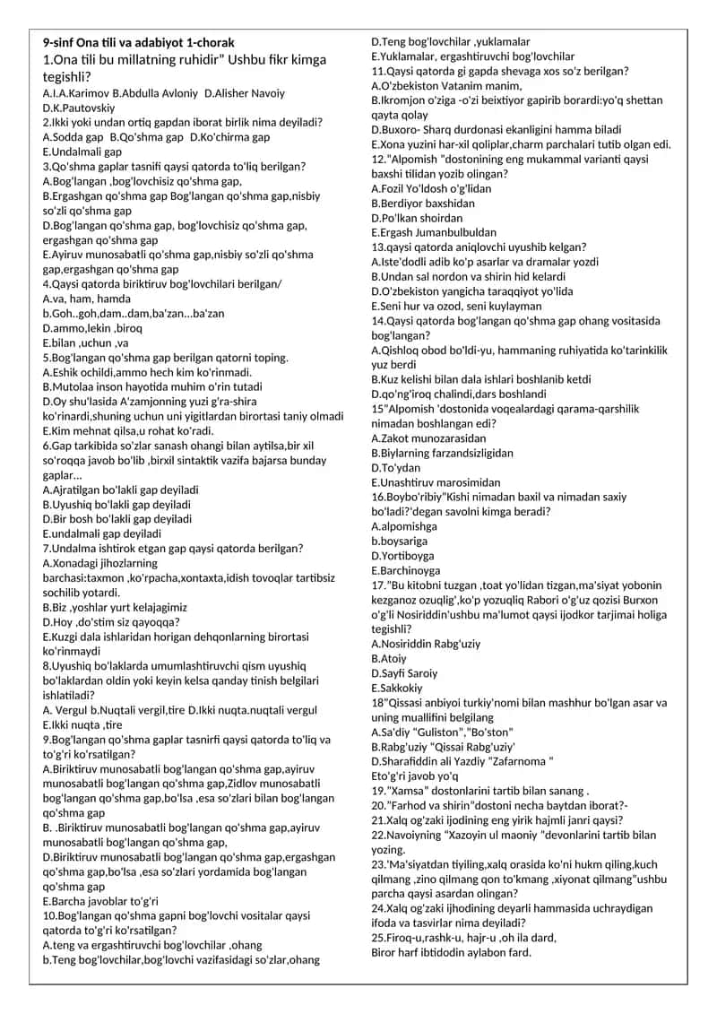 9-sinf Ona tili va adabiyot 1-chorak