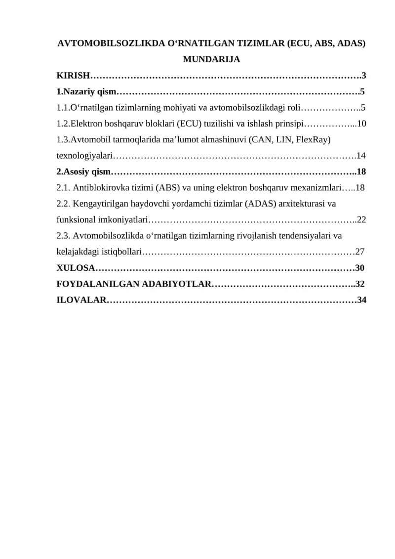 AVTOMOBILSOZLIKDA O‘RNATILGAN TIZIMLAR (ECU, ABS, ADAS)