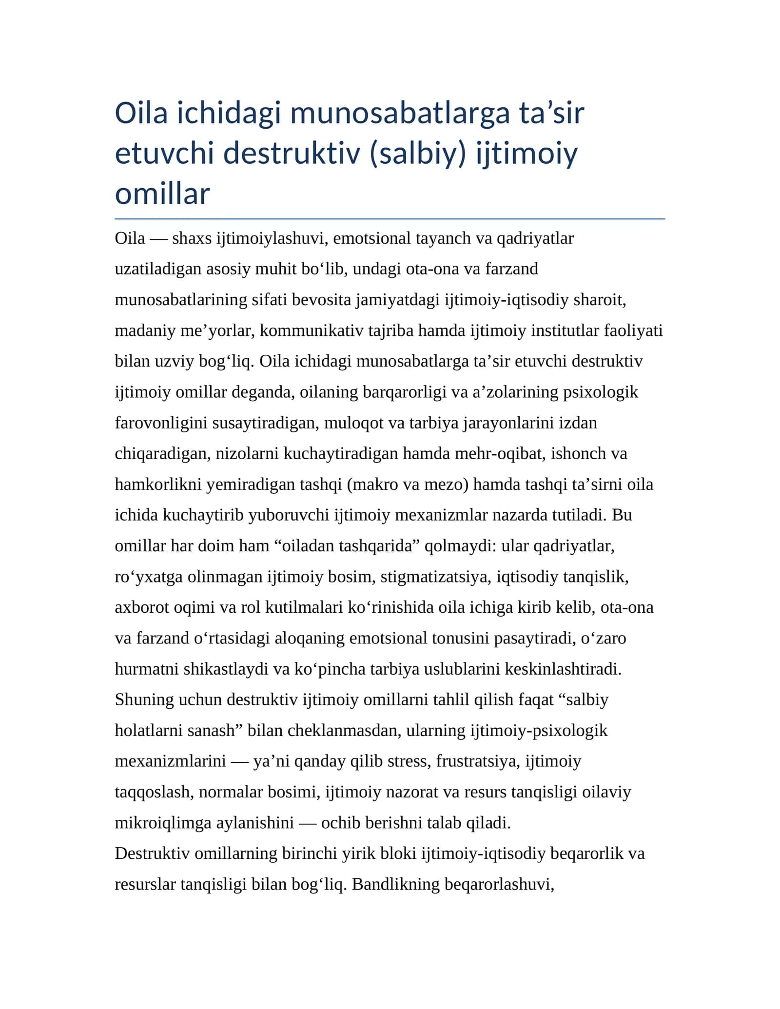 Oila ichidagi munosabatlarga ta’sir etuvchi destruktiv (salbiy) ijtimoiy omillar
