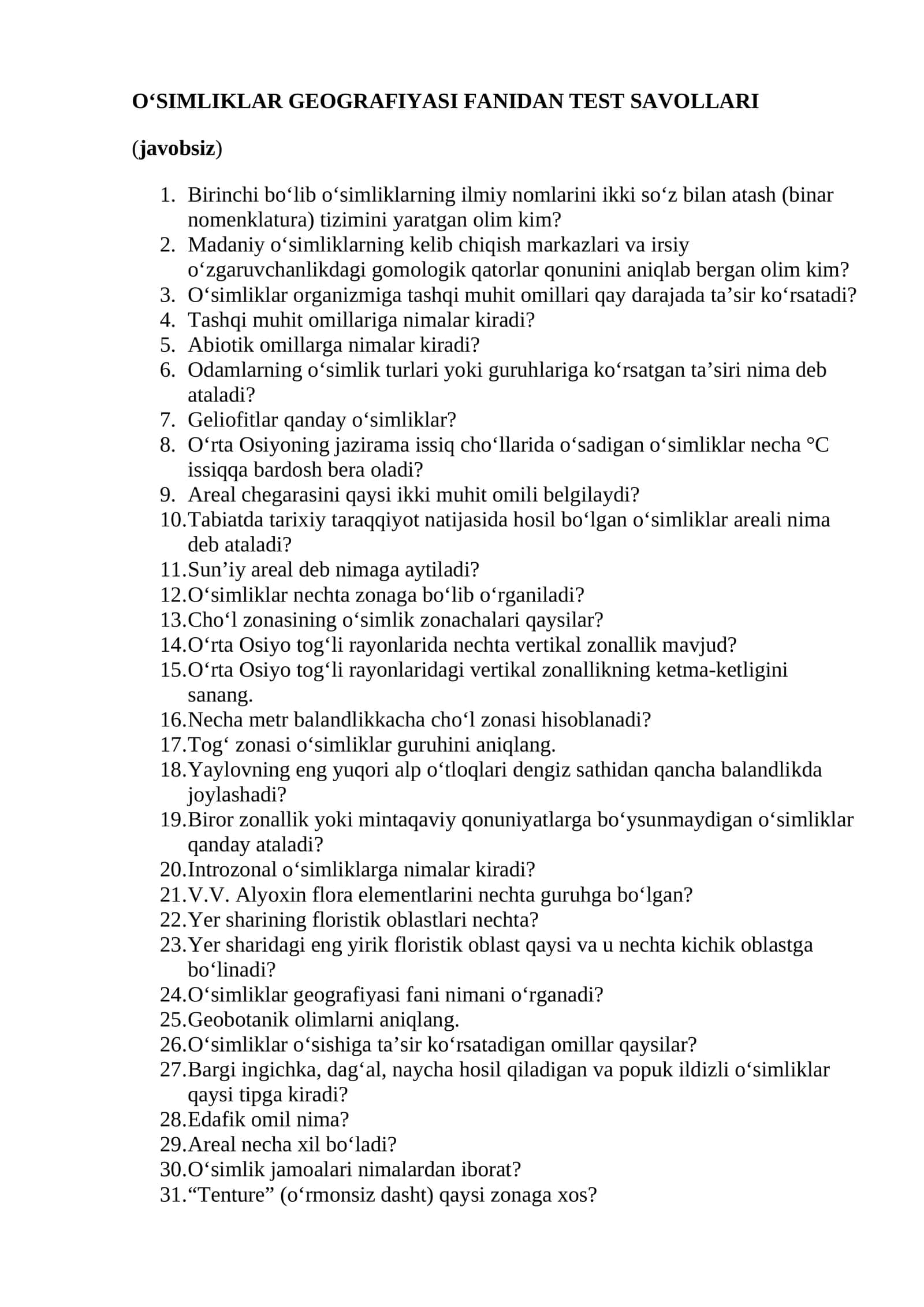 O‘SIMLIKLAR GEOGRAFIYASI FANIDAN TEST SAVOLLARI