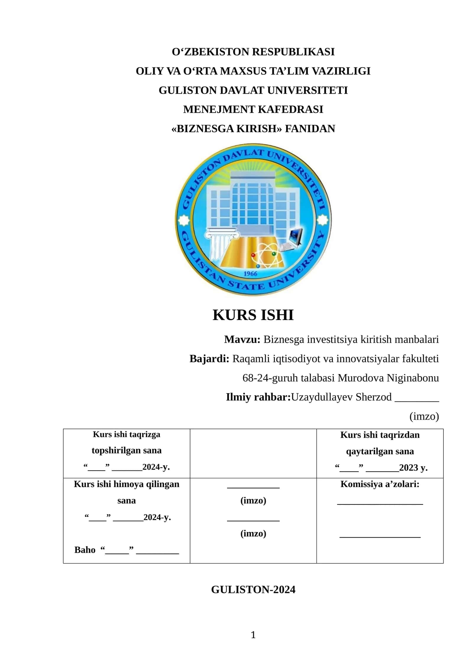Biznesga investitsiya kiritish manbalari