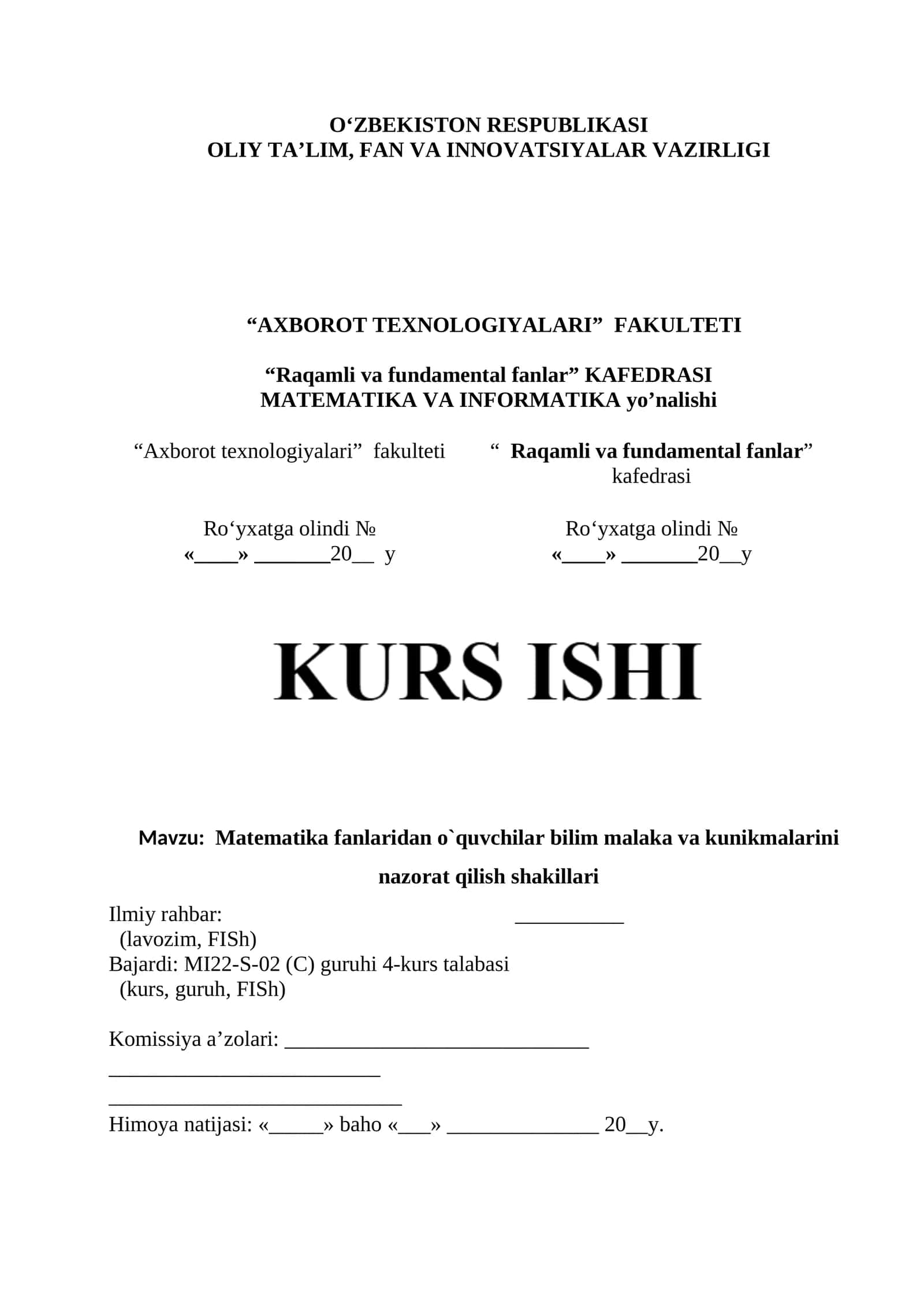 Matematika fanlaridan o`quvchilar bilim malaka va kunikmalarini nazorat qilish shakillari