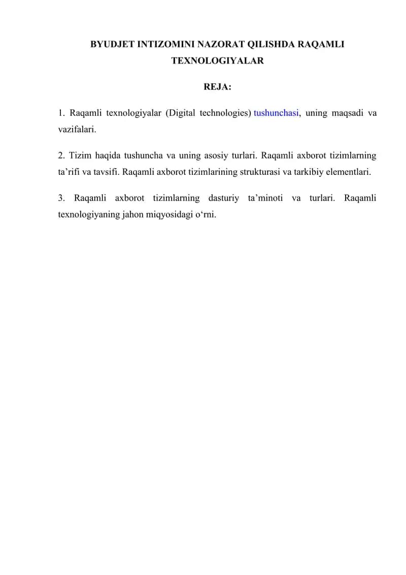 BYUDJET INTIZOMINI NAZORAT QILISHDA RAQAMLI TEXNOLOGIYALAR