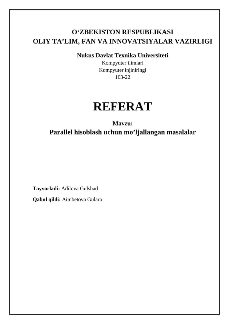 Parallel hisoblash uchun mo’ljallangan masalalar