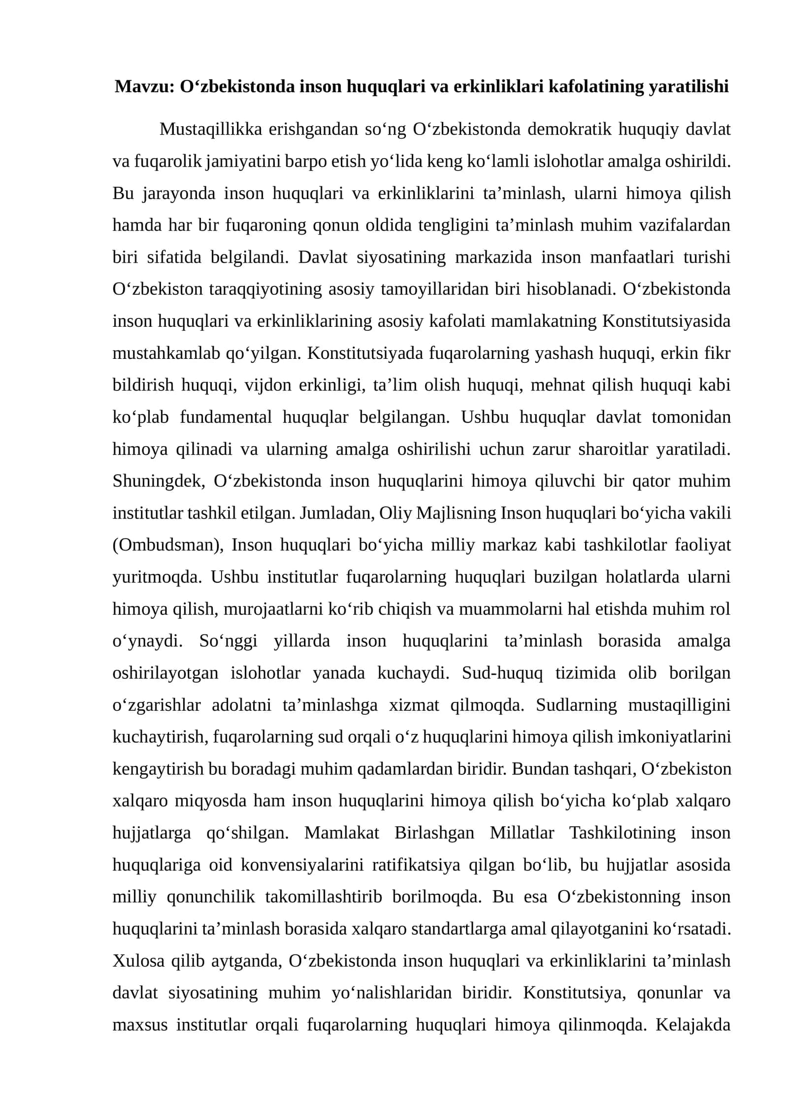 O‘zbekistonda inson huquqlari va erkinliklari kafolatining yaratilishi