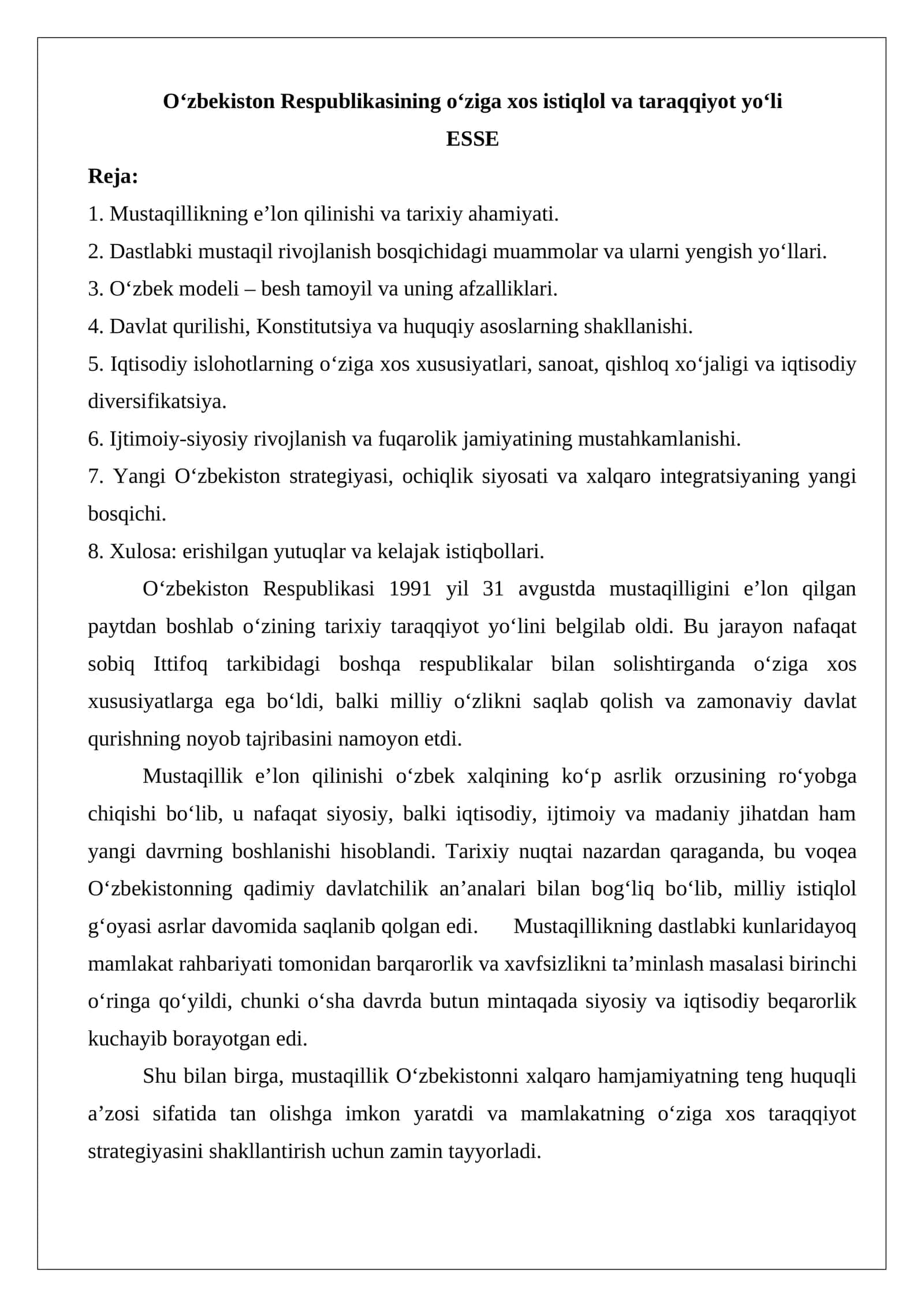 Oʻzbekiston Respublikasining oʻziga xos istiqlol va taraqqiyot yoʻli