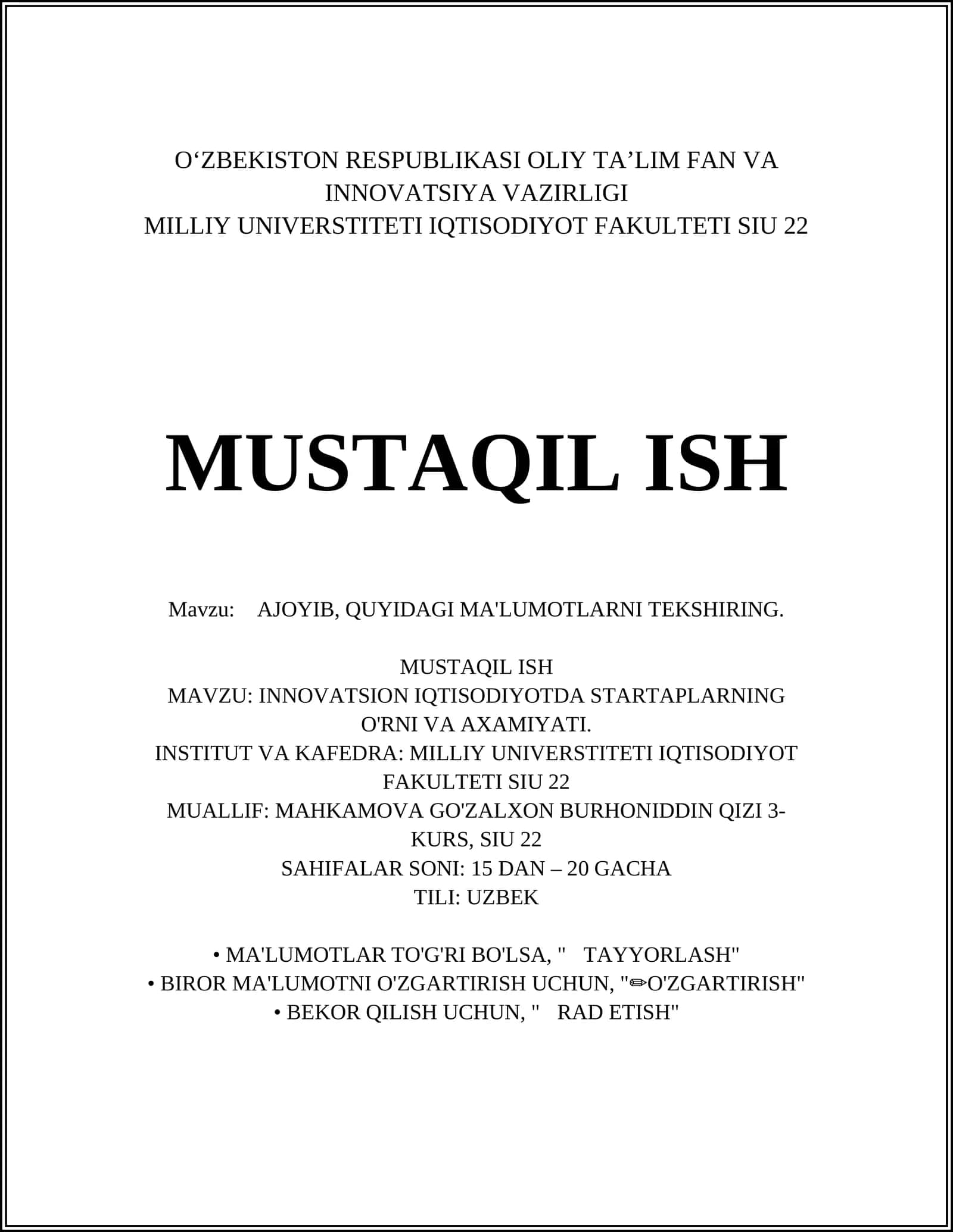 INNOVATSION IQTISODIYOTDA STARTAPLARNING O'RNI VA AXAMIYATI