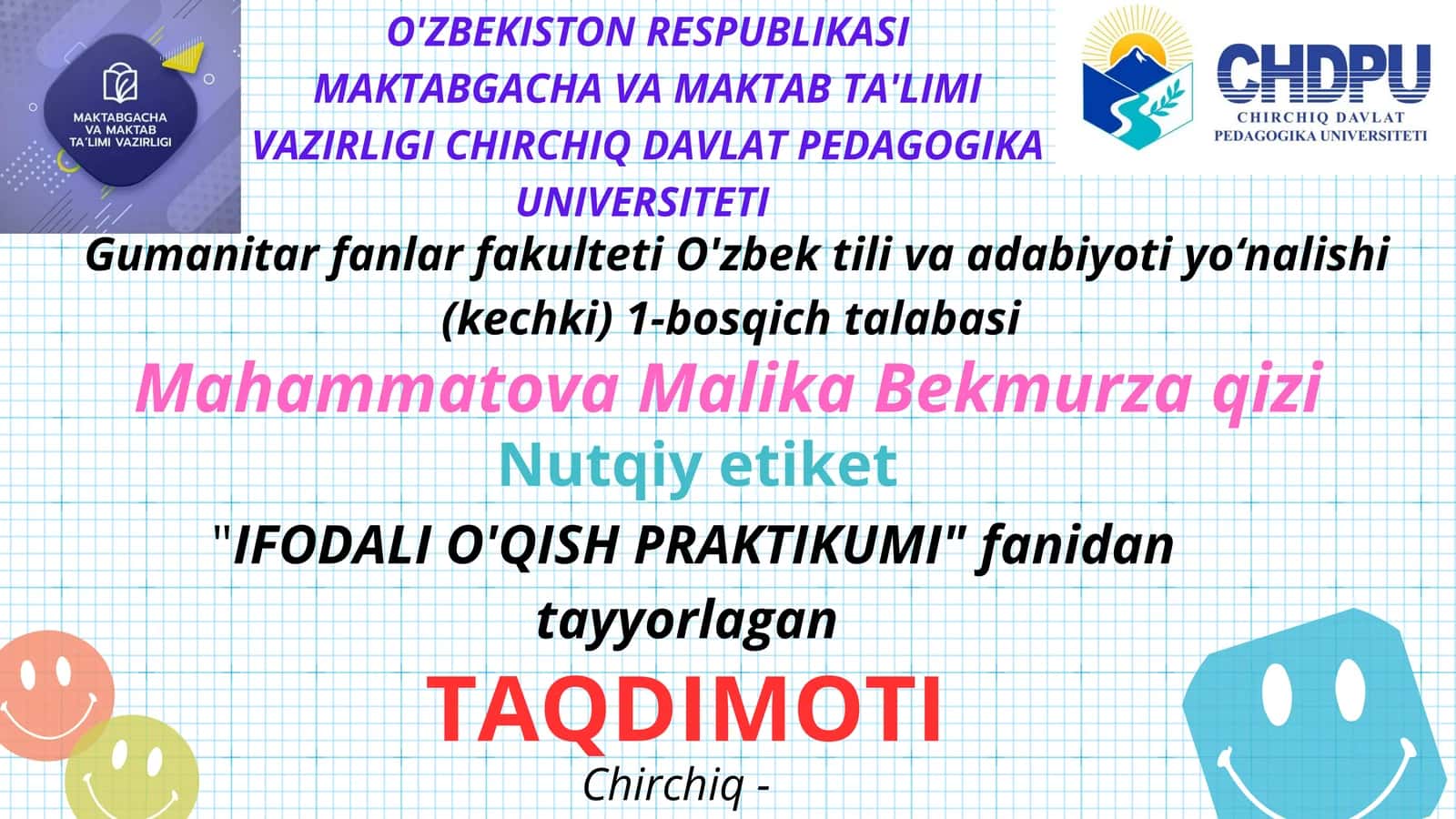 IFODALI O'QISH PRAKTIKUMI