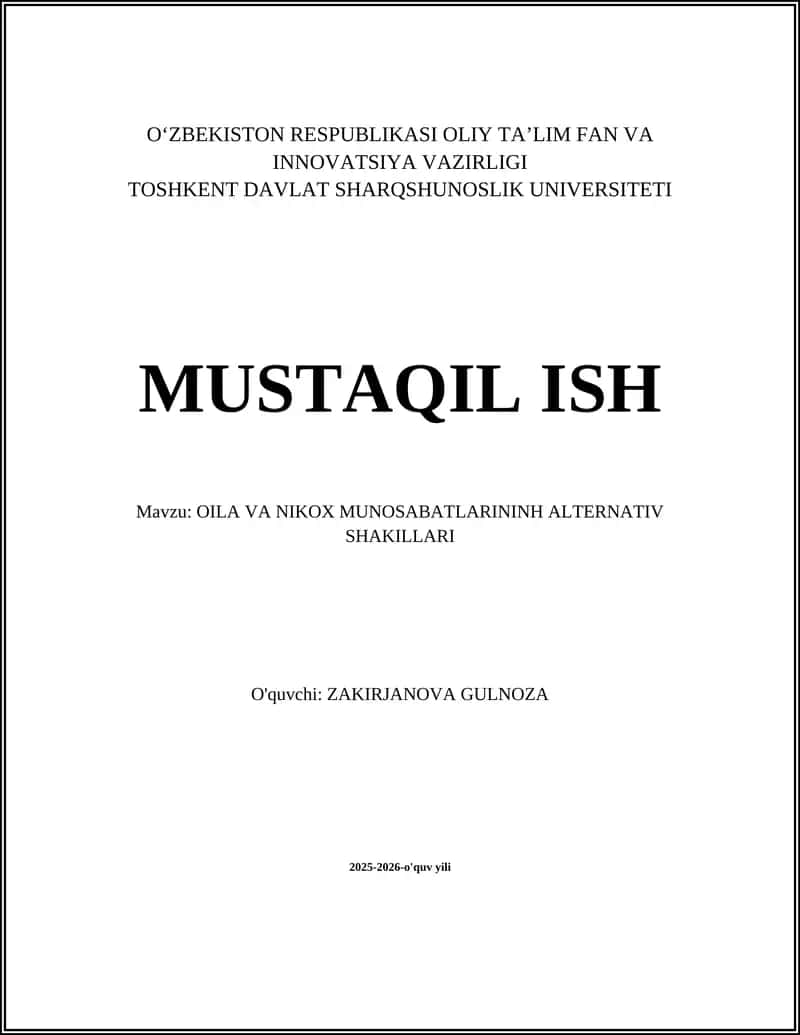 OILA VA NIKOX MUNOSABATLARININH ALTERNATIV SHAKILLARI