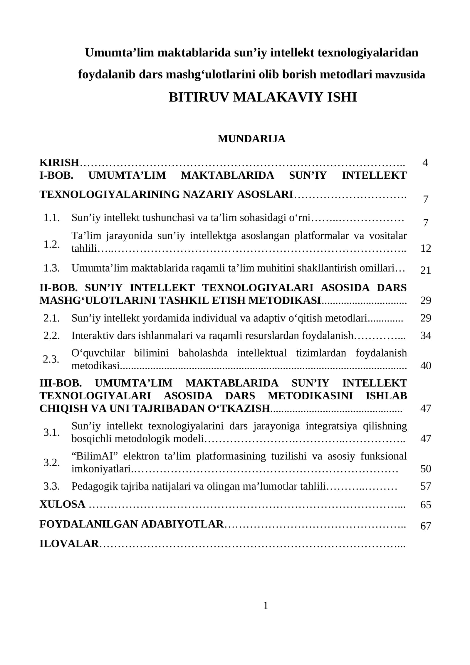 Umumta’lim maktablarida sun’iy intellekt texnologiyalaridan foydalanib dars mashg‘ulotlarini olib borish metodlari mavzusida BITIRUV MALAKAVIY ISHI