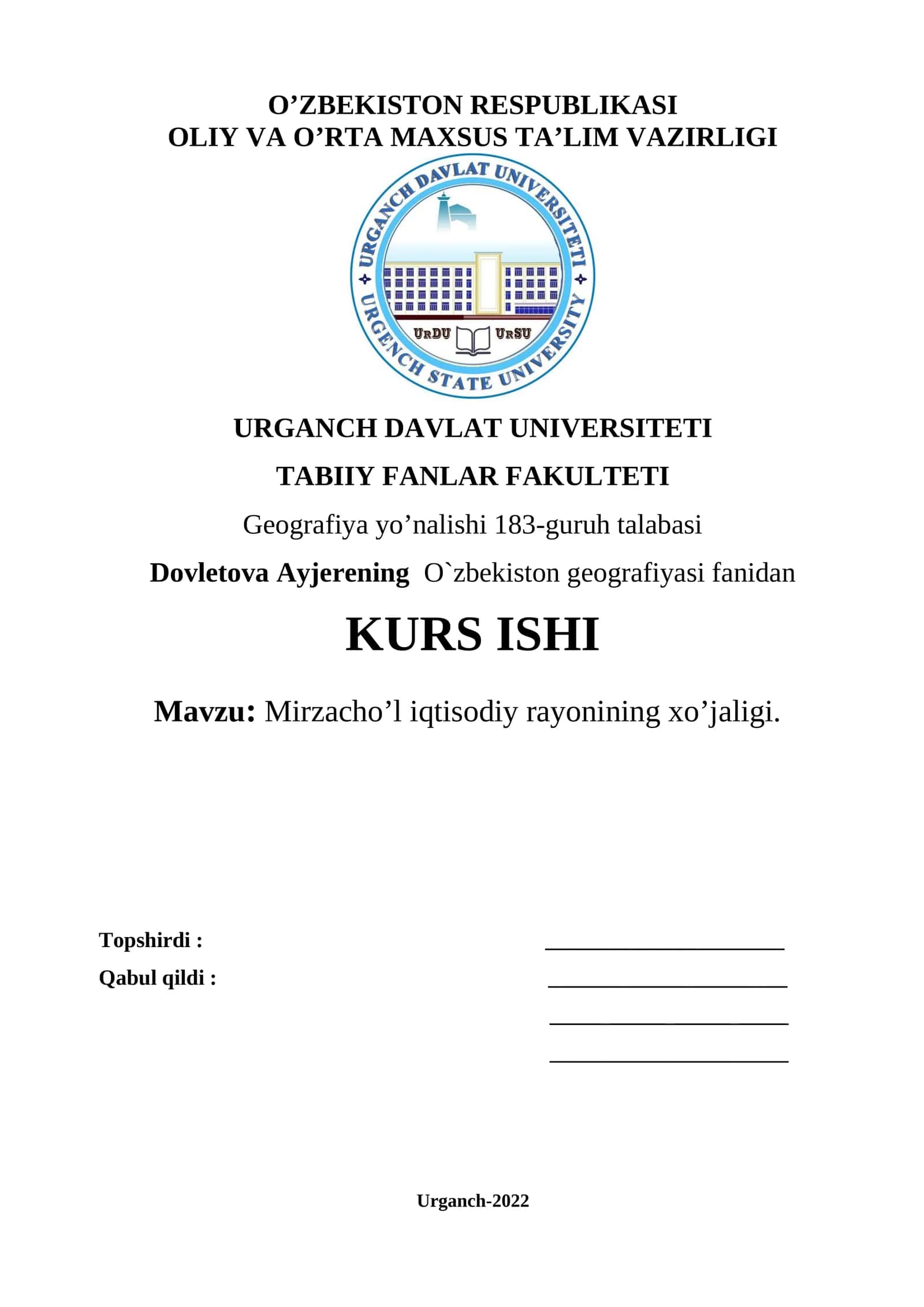 KURS ISHI: Mirzacho’l iqtisodiy rayonining xo’jaligi