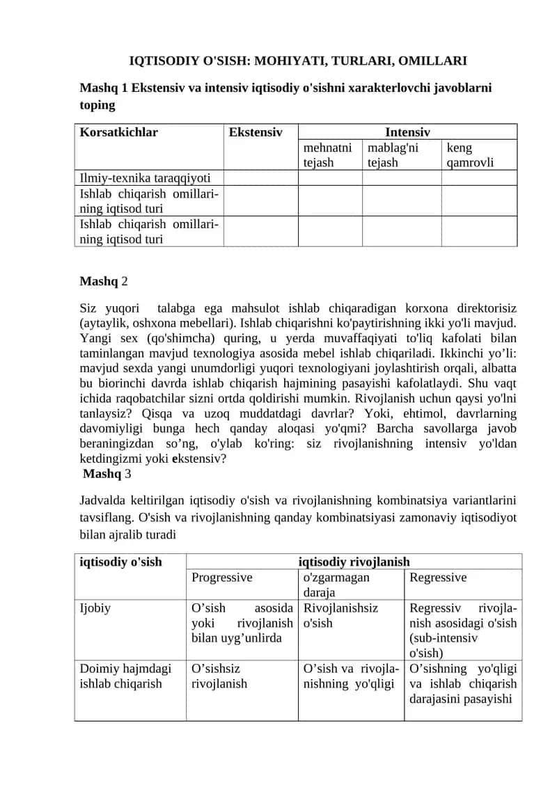 IQTISODIY O'SISH: MOHIYATI, TURLARI, OMILLARI