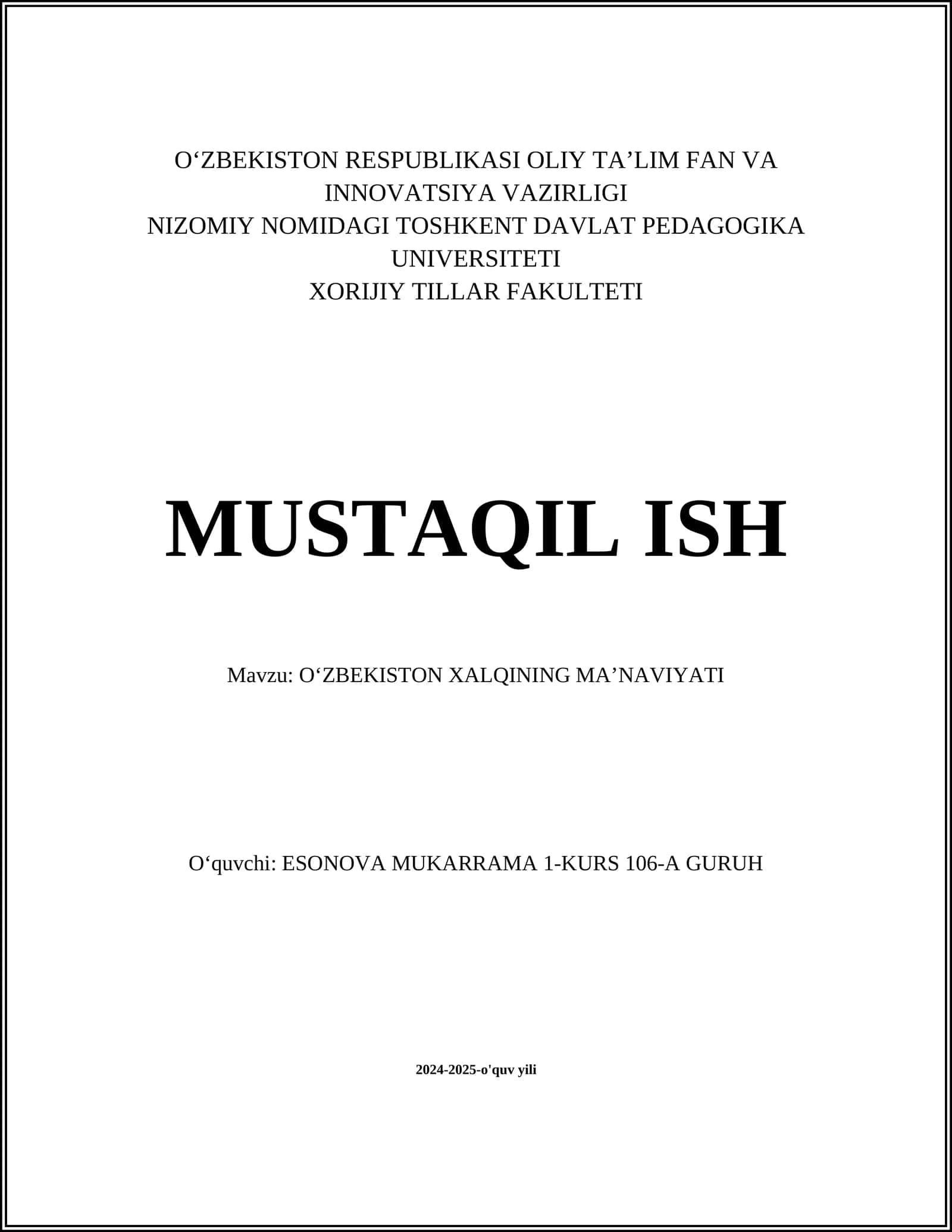 O'zbekiston Xalqining Ma'naviyati