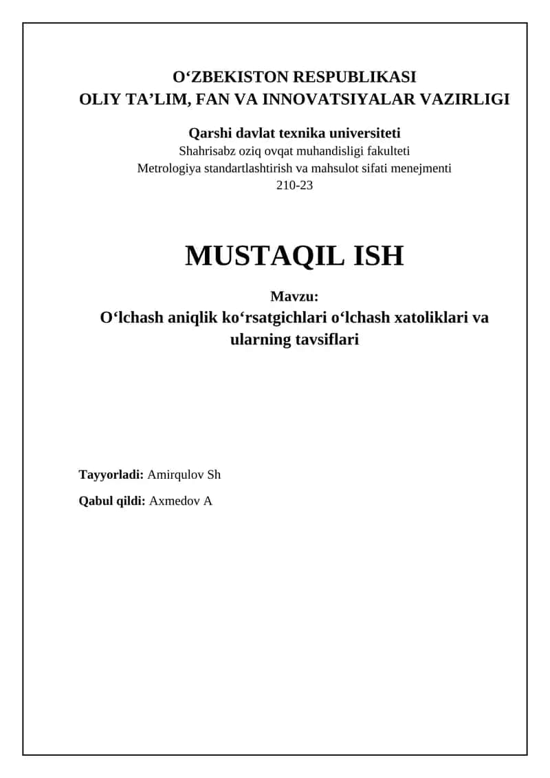 Xatoliklarni Baholash, Qayta Ishlash va O'lchov Natijalarini Taqdim Etish