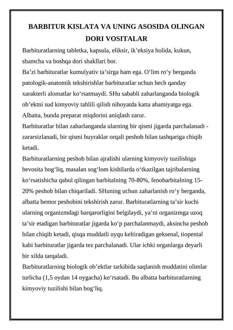 BARBITUR KISLATA VA UNING ASOSIDA OLINGAN DORI VOSITALAR