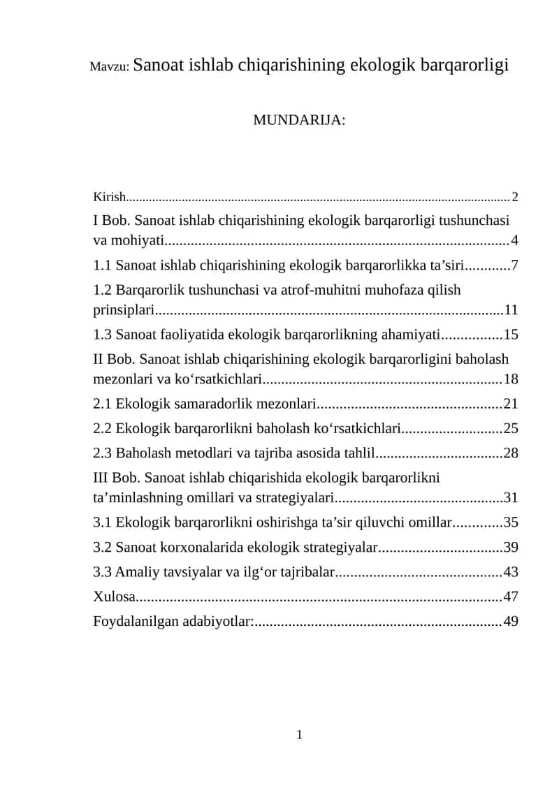 Sanoat ishlab chiqarishining ekologik barqarorligi