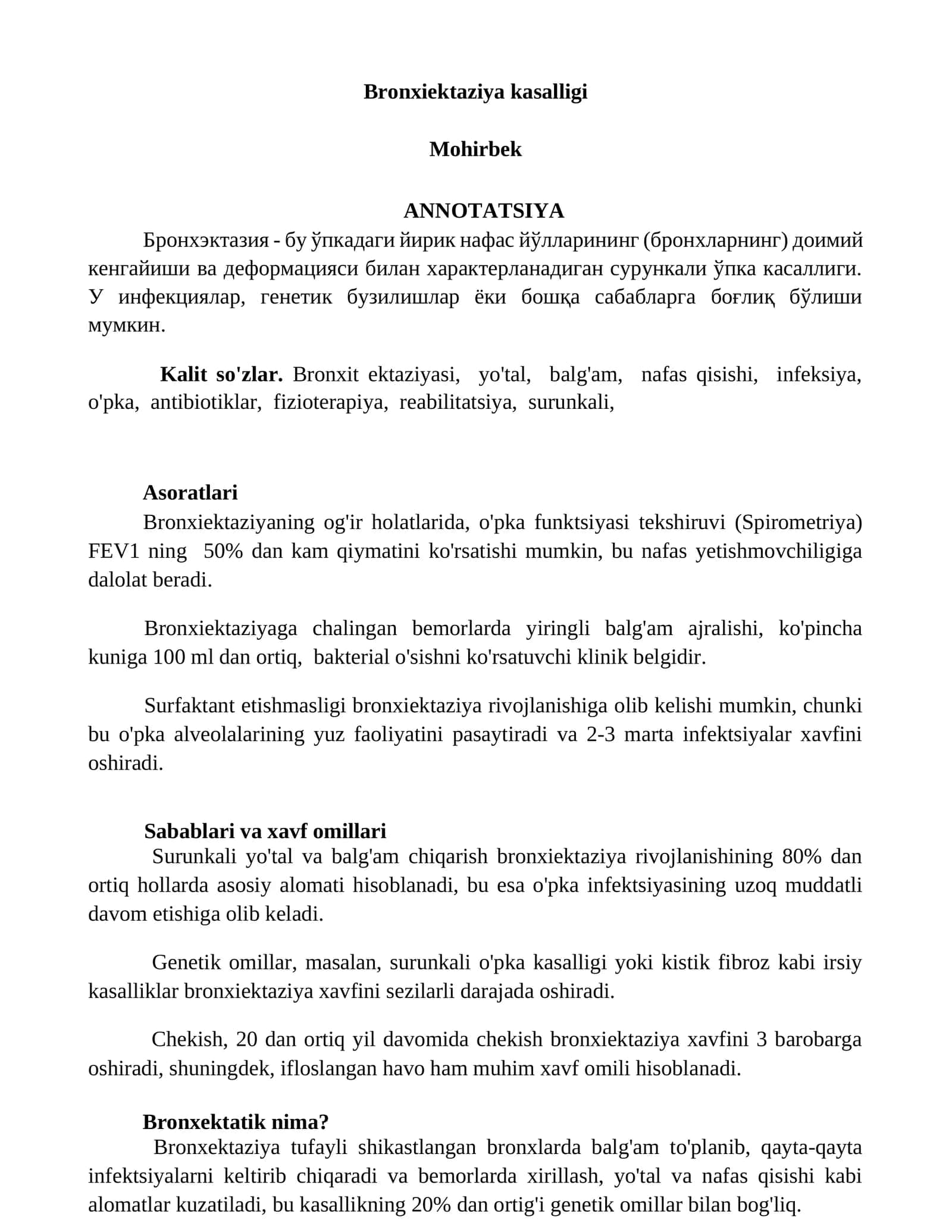 Bronxiektaziya kasalligi