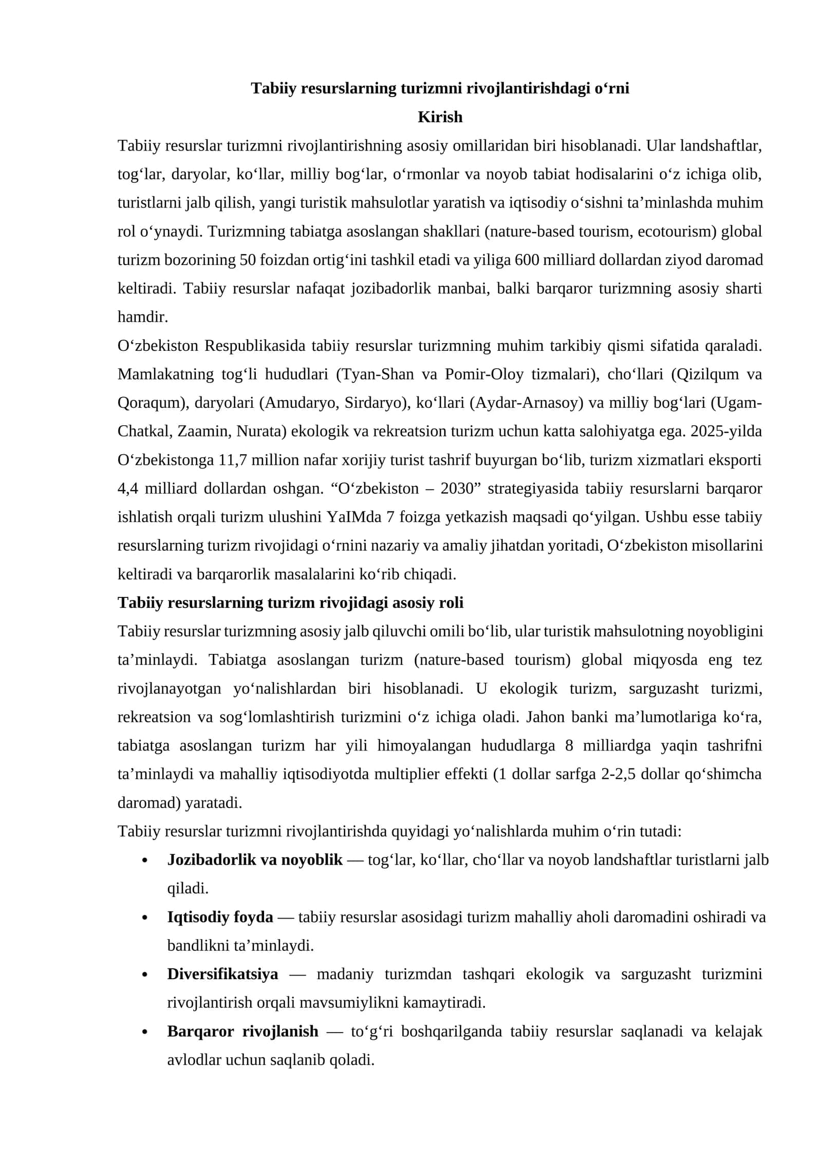 Tabiiy resurslarning turizmni rivojlantirishdagi oʻrni