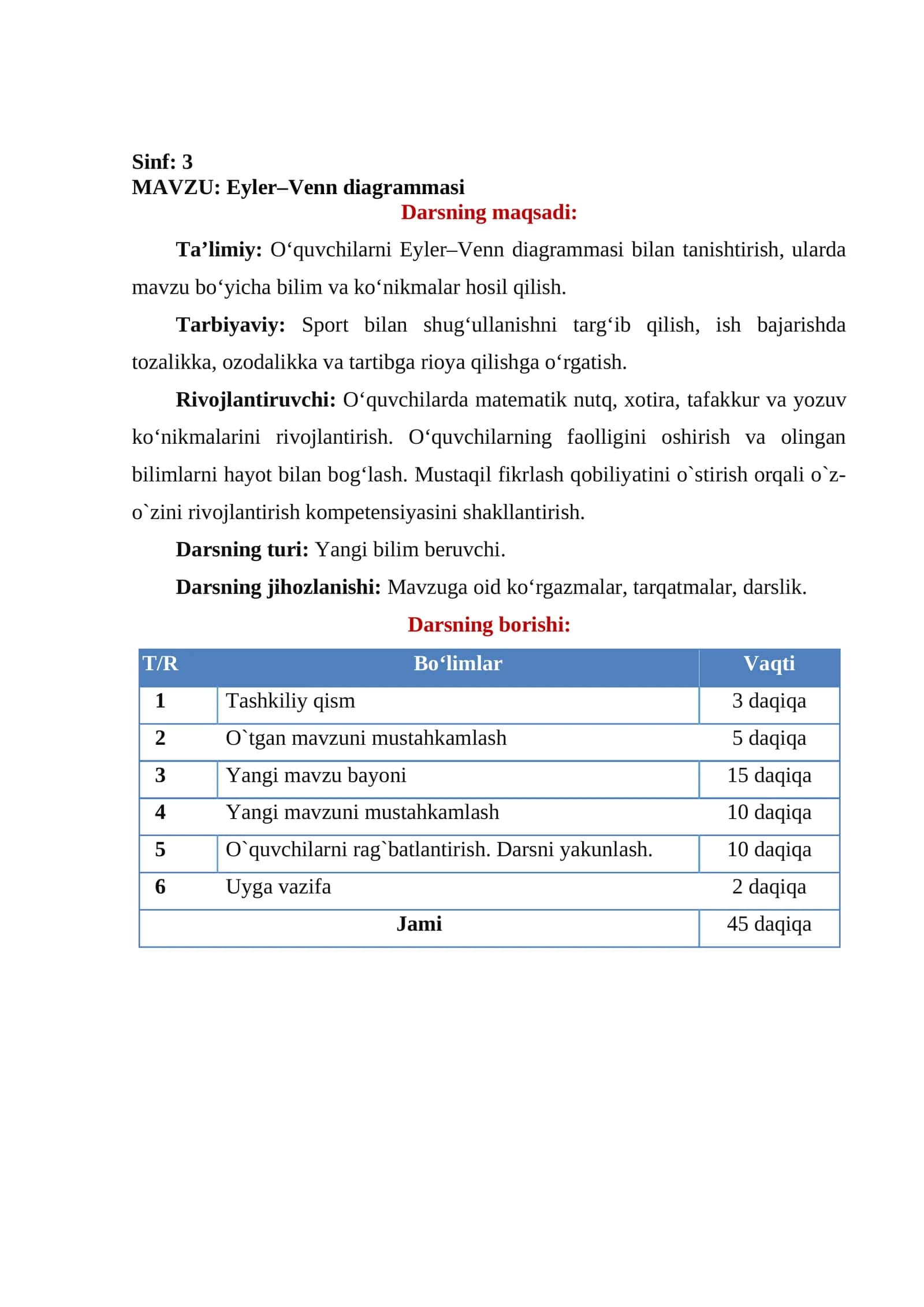 Eyler–Venn diagrammasi. Dars ishlanma