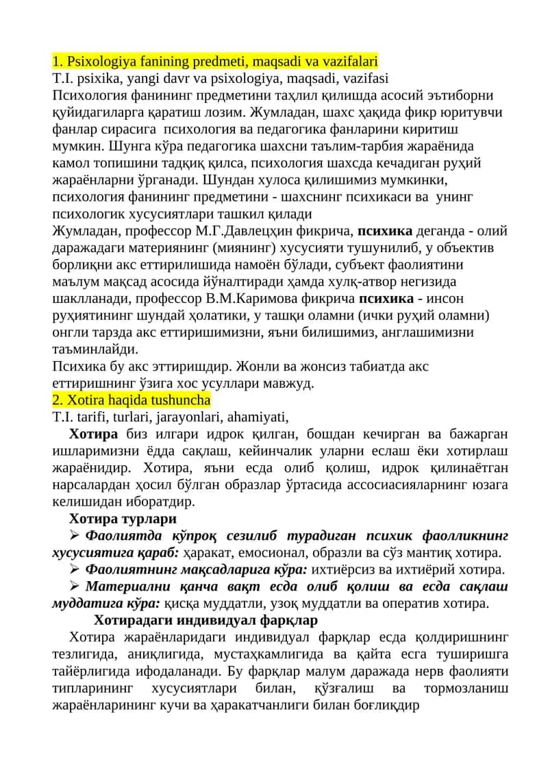 Psixologiya fanining predmeti, maqsadi va vazifalari