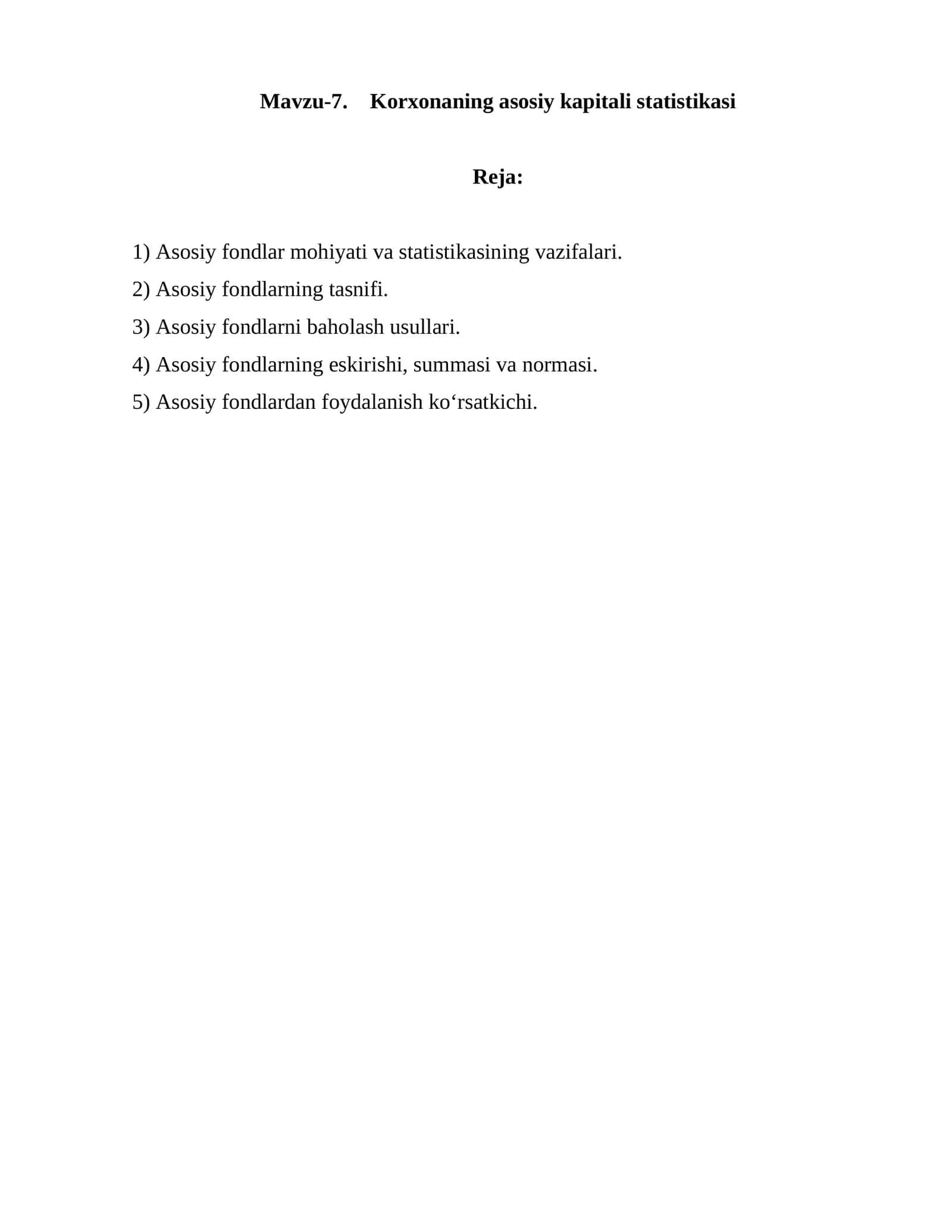 Korxonaning asosiy kapitali statistikasi