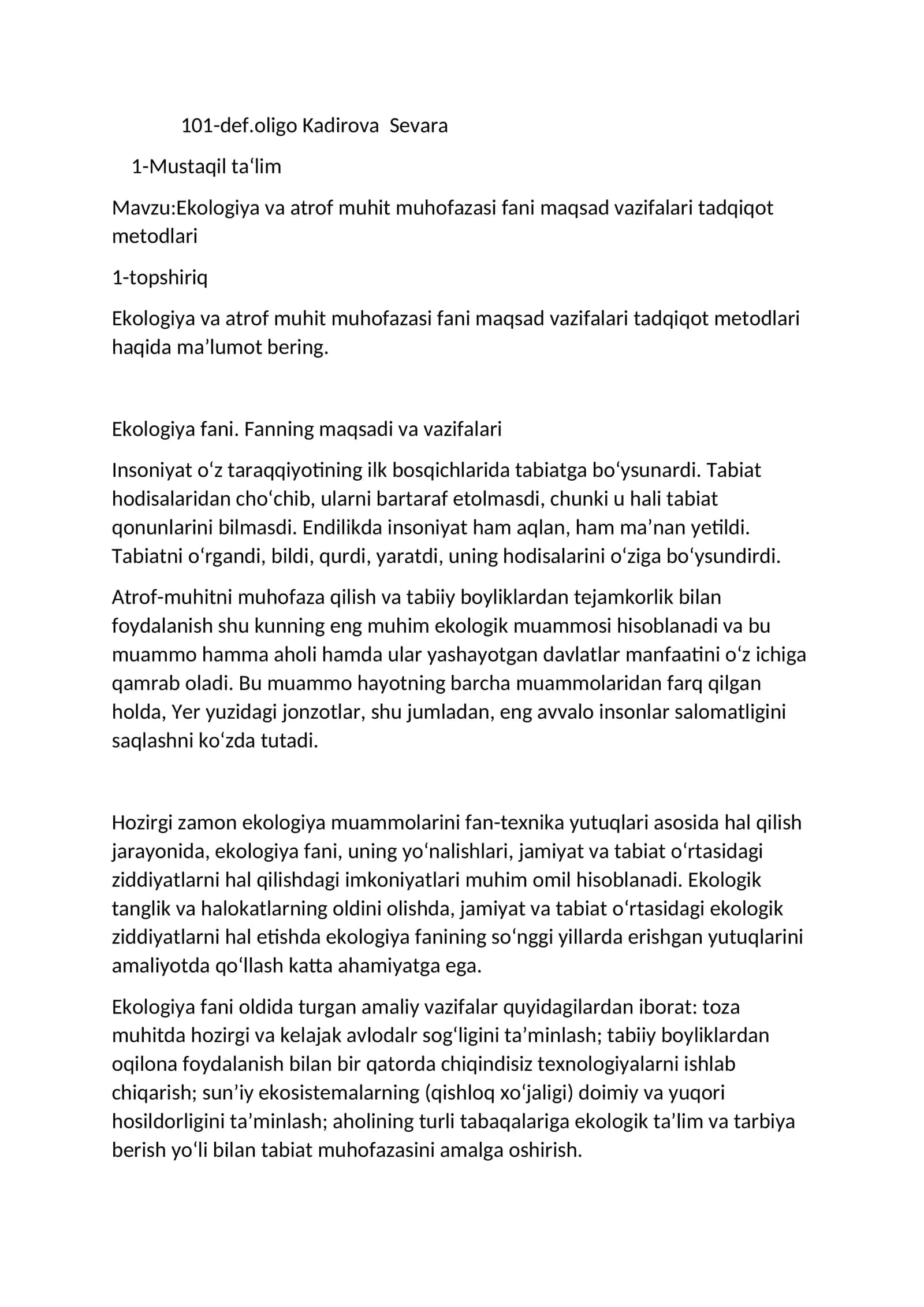 Ekologiya va atrof muhit muhofazasi