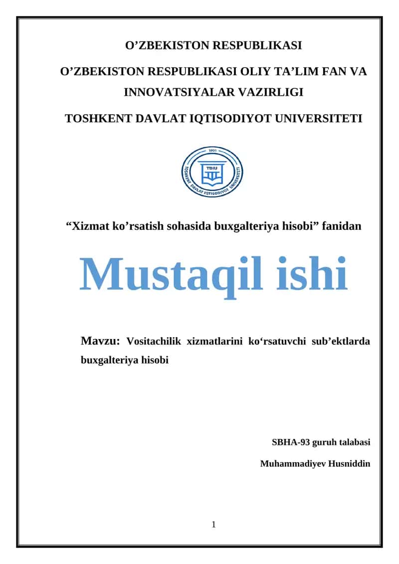 Vositachilik xizmatlarini ko‘rsatuvchi sub’ektlarda buxgalteriya hisobi
