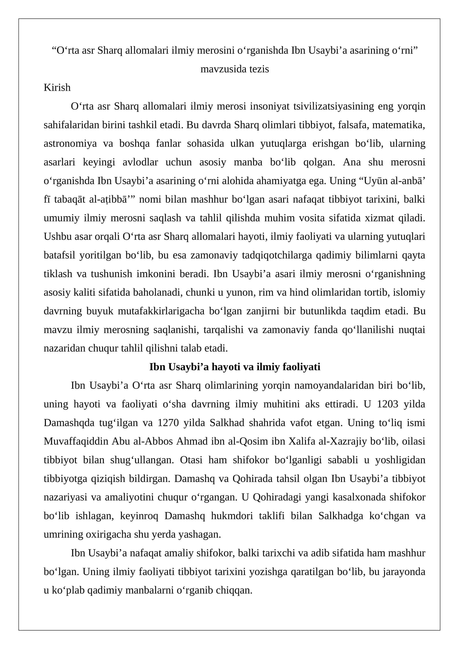 “O‘rta asr Sharq allomalari ilmiy merosini o‘rganishda Ibn Usaybi’a asarining o‘rni” mavzusida tezis