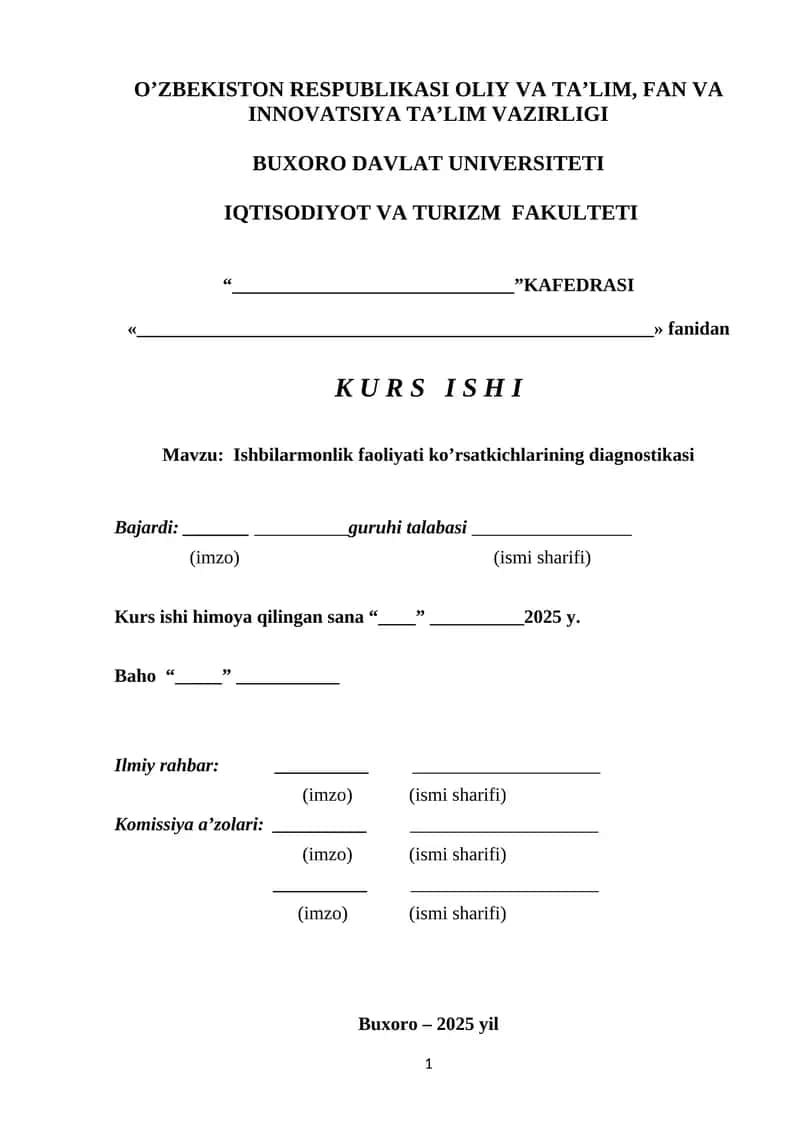 Ishbilarmonlik faoliyati ko’rsatkichlarining diagnostikasi