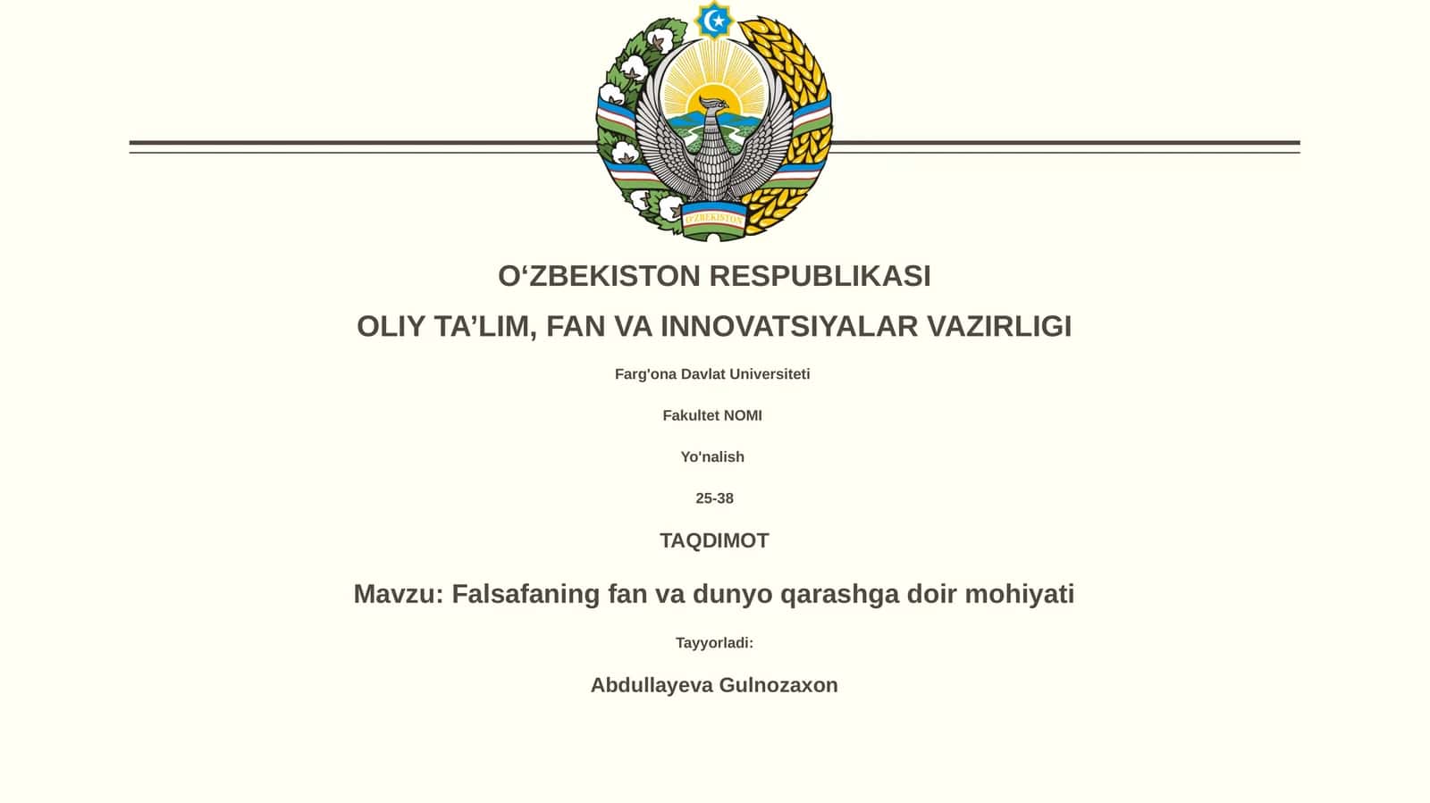 Falsafaning fan va dunyo qarashga doir mohiyati