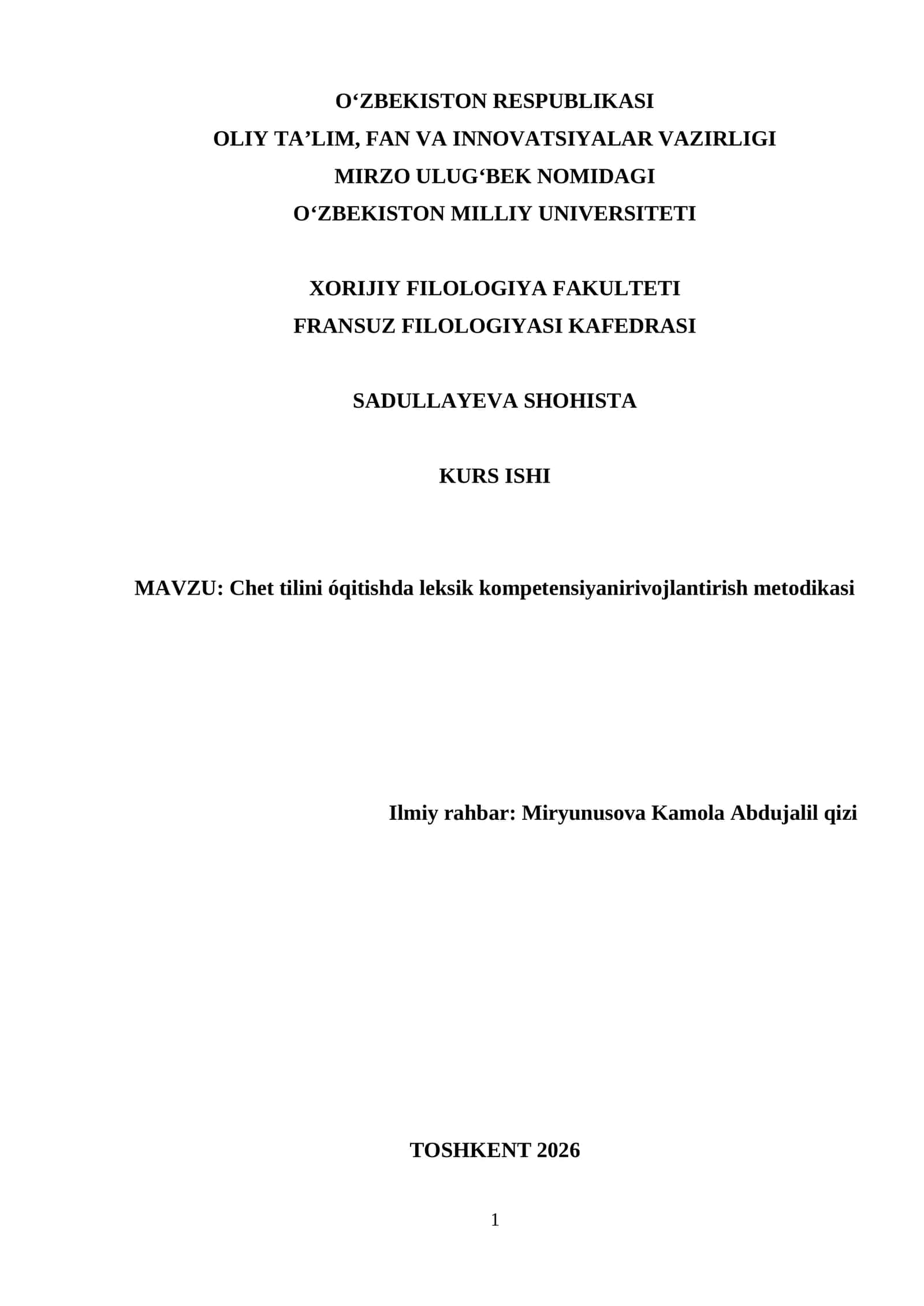 Chet tilini óqitishda leksik kompetensiyanirivojlantirish metodikasi