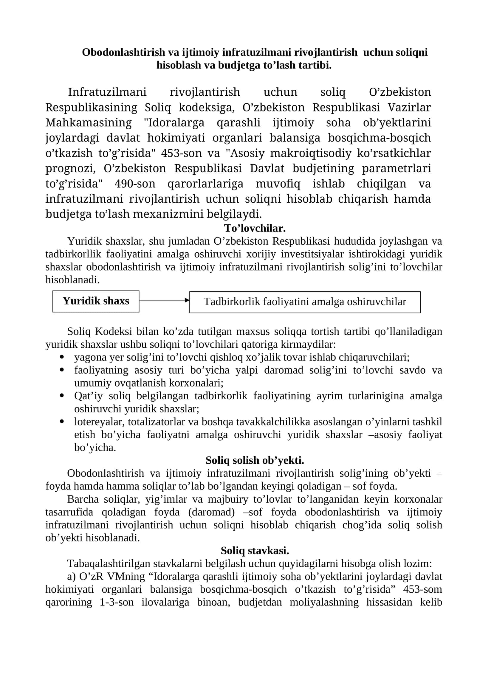 Obodonlashtirish va ijtimoiy infratuzilmani rivojlantirish uchun soliqni hisoblash va budjetga to’lash tartibi