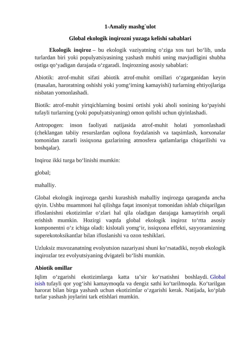 Global ekologik inqirozni yuzaga kelishi sabablari