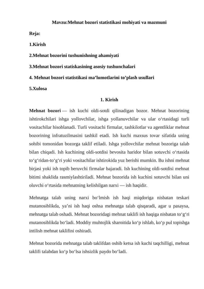 Mehnat bozori statistikasi mohiyati va mazmuni