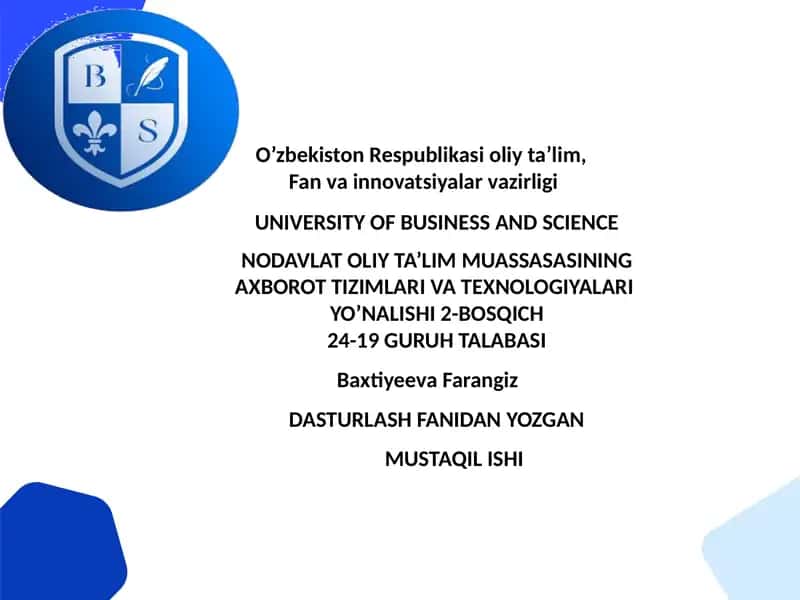 Dasturlash Fanidan Yozgan Mustaqil Ish