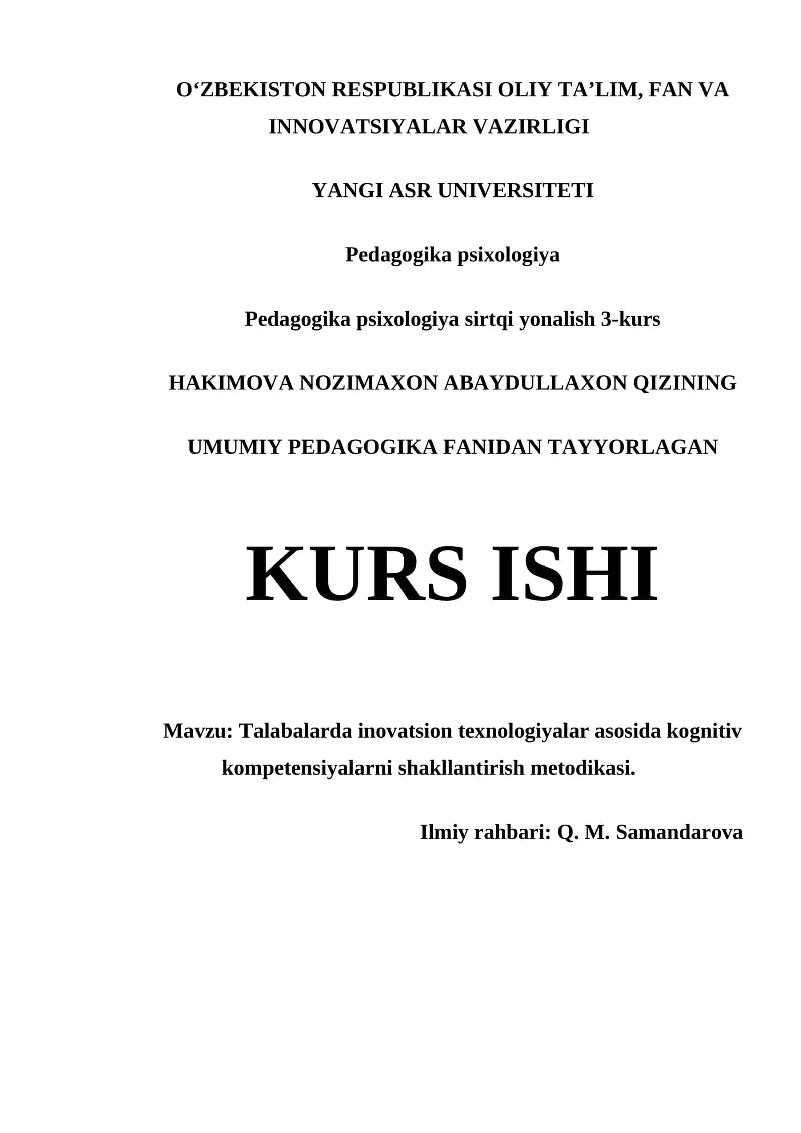 TALABALARDA INOVATSION TEXNOLOGIYALAR ASOSIDA KOGNITIV KOMPETENSIYALARNI SHAKLLANTIRISH METODIKASI
