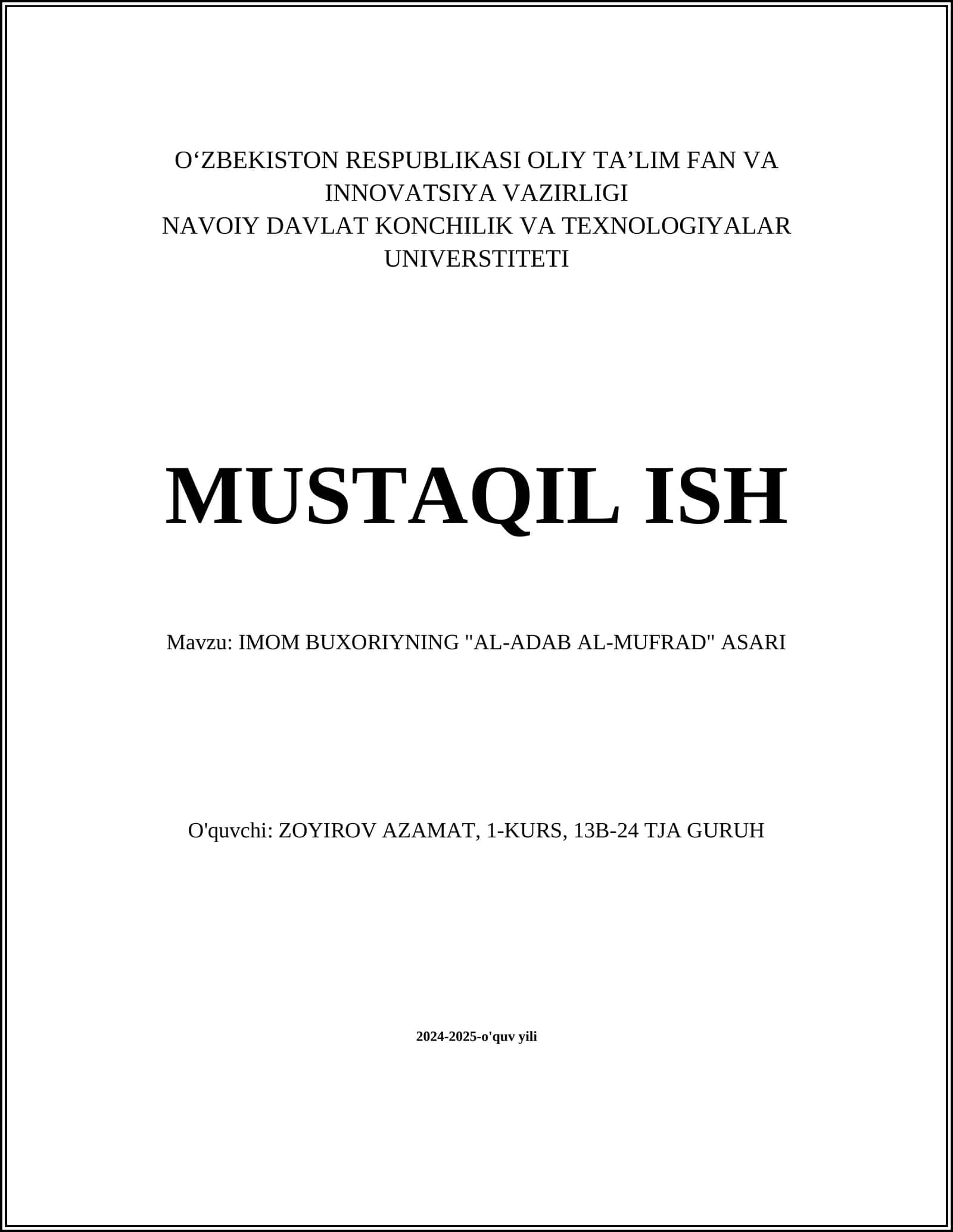 IMOM BUXORIYNING "AL-ADAB AL-MUFRAD" ASARI