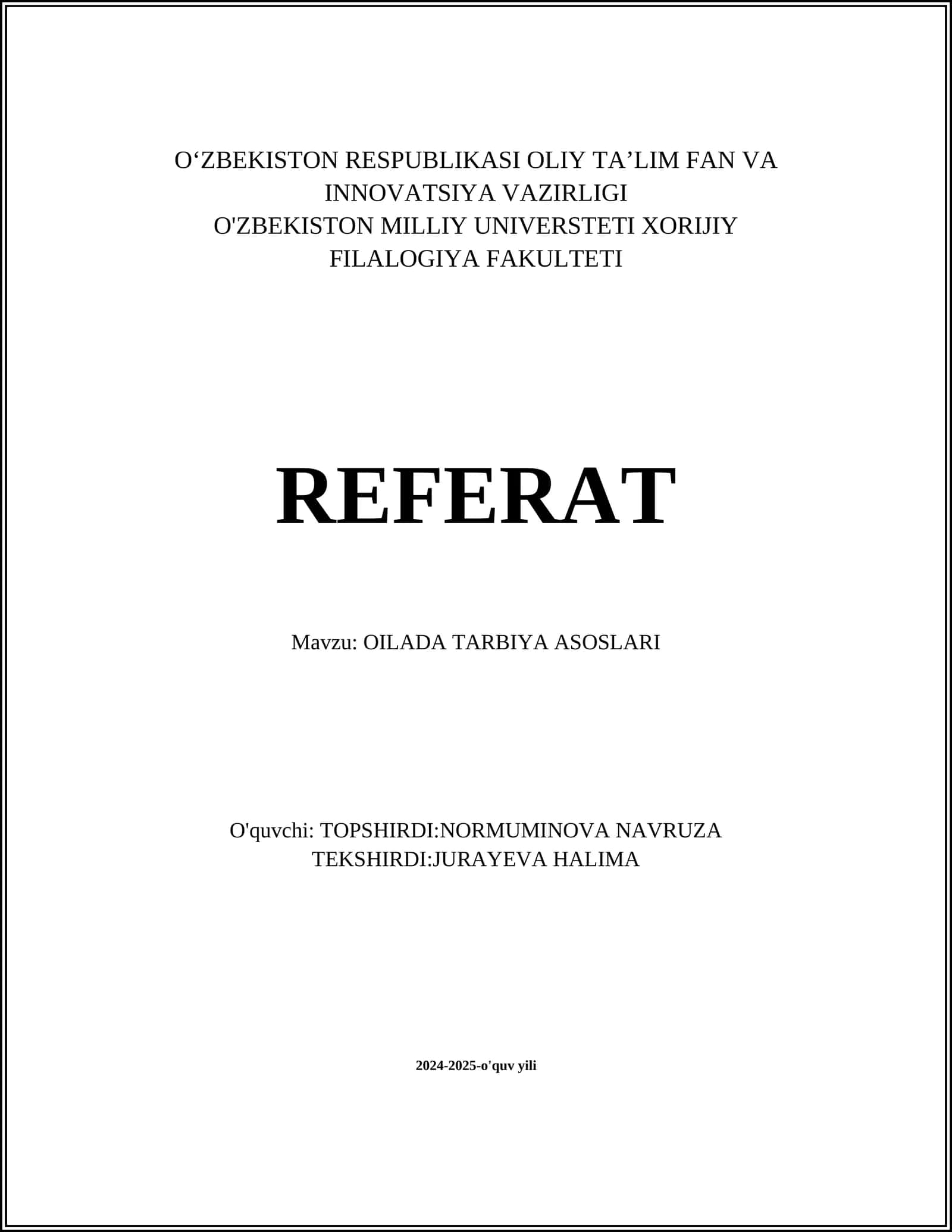 OILADA TARBIYA ASOSLARI