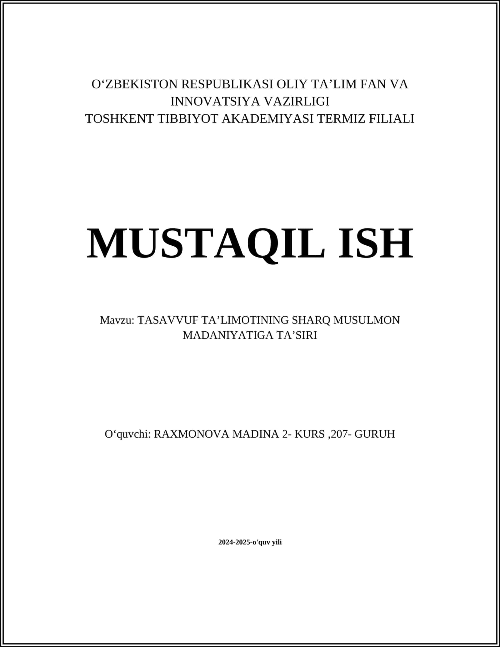 TASAVVUF TA’LIMOTINING SHARQ MUSULMON MADANIYATIGA TAʼSIRI