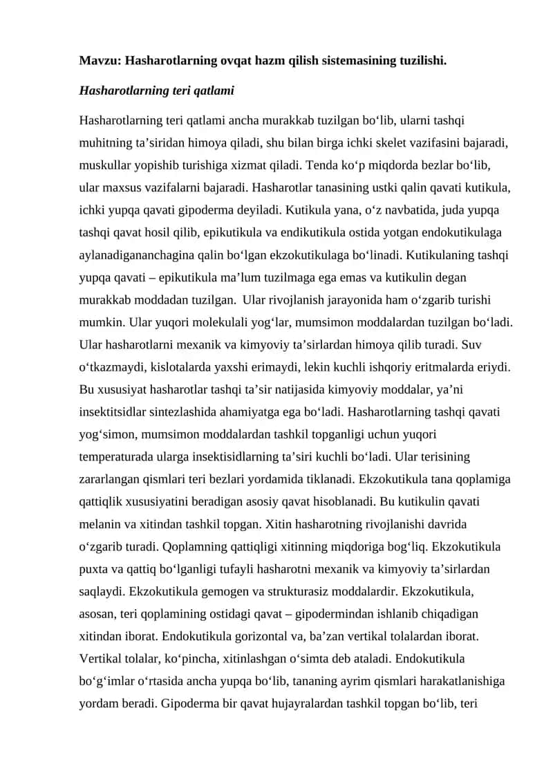 Hasharotlarning ovqat hazm qilish sistemasining tuzilishi.