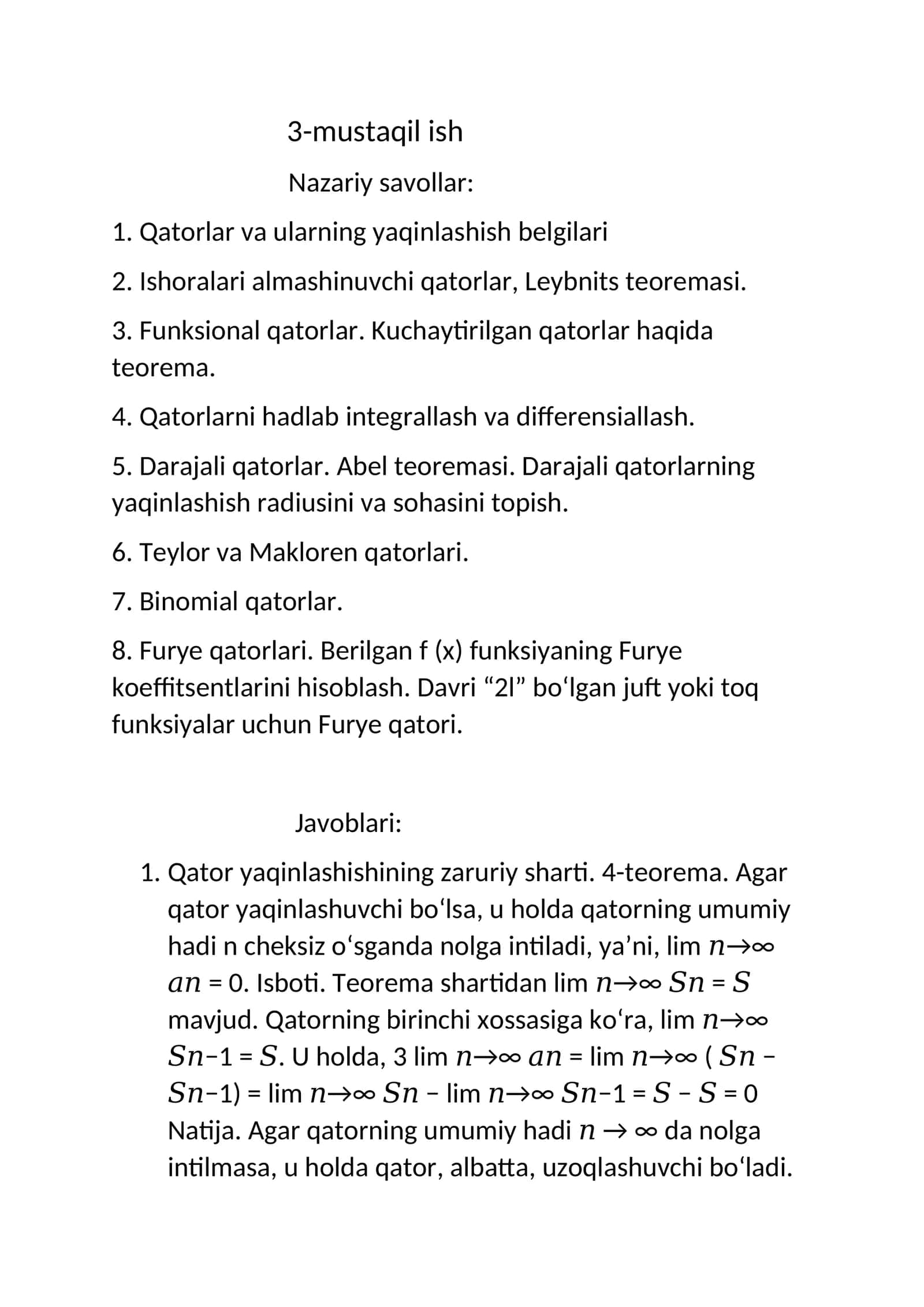 Qatorlar va ularning yaqinlashish belgilari